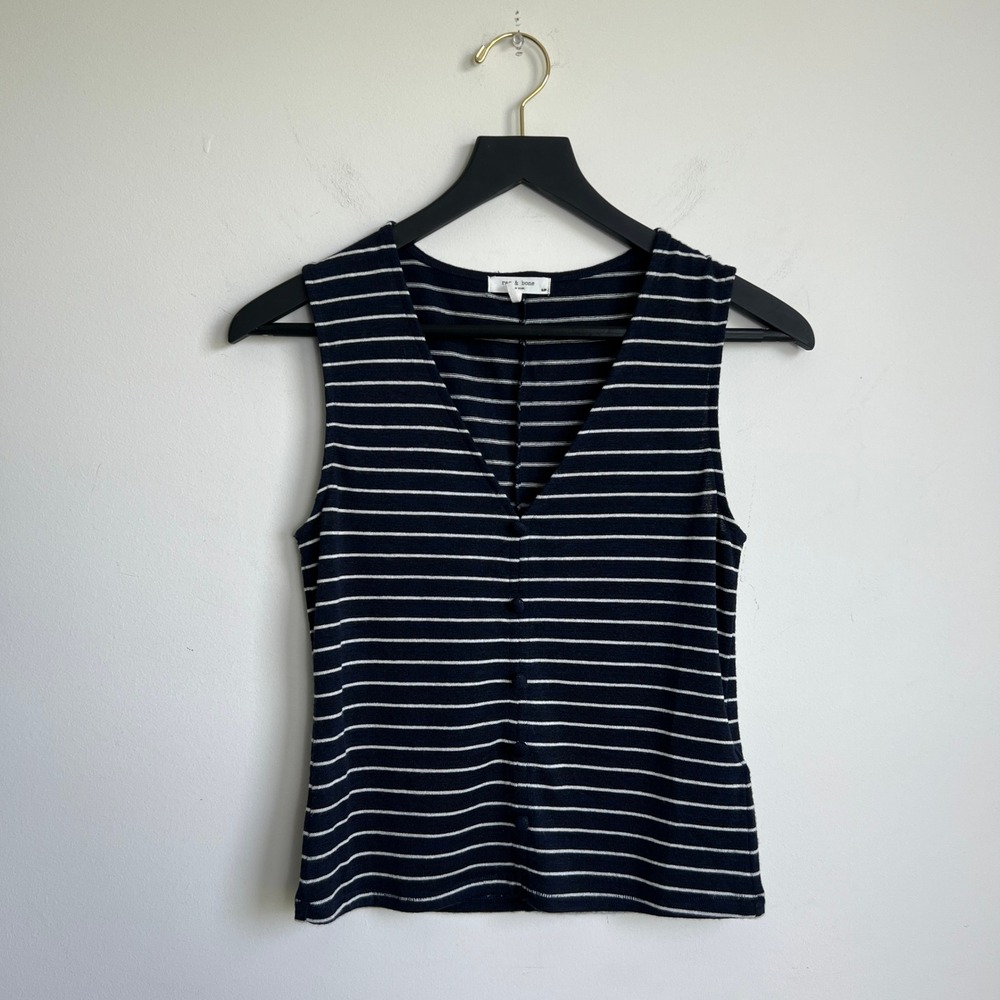 Rag & Bone Navy Blue White Knit Striped V-Neck Sleeveless Button Front Top Small - Picture 2 of 6